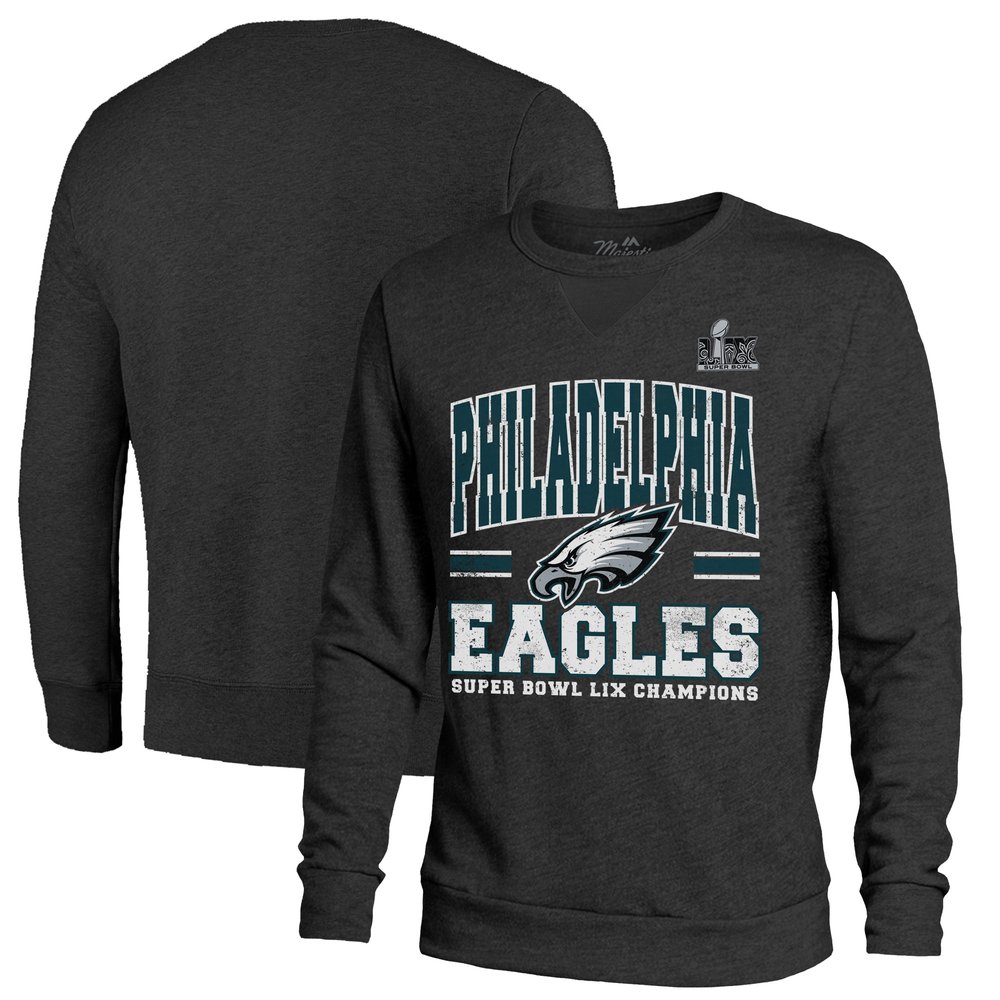 Men's Philadelphia EaglesThreads Black Super Bowl LIX Champions Big Chalk Stripe Tri-Blend Fleece Sweatshirt