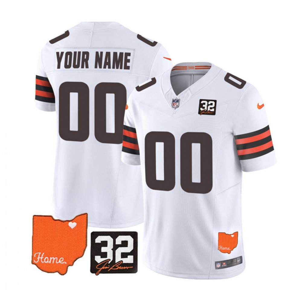 Men's Cleveland Browns Active Player Custom White 2023 F.U.S.E. With Jim Brown Memorial Patch Vapor Untouchable Limited Stitched Jersey