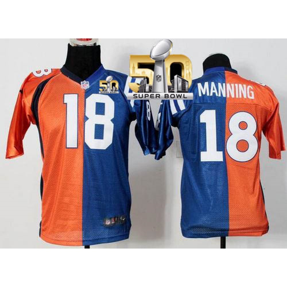 Broncos #18 Peyton Manning Orange/Blue Super Bowl 50 Youth Stitched NFL Elite Split Colts Jersey