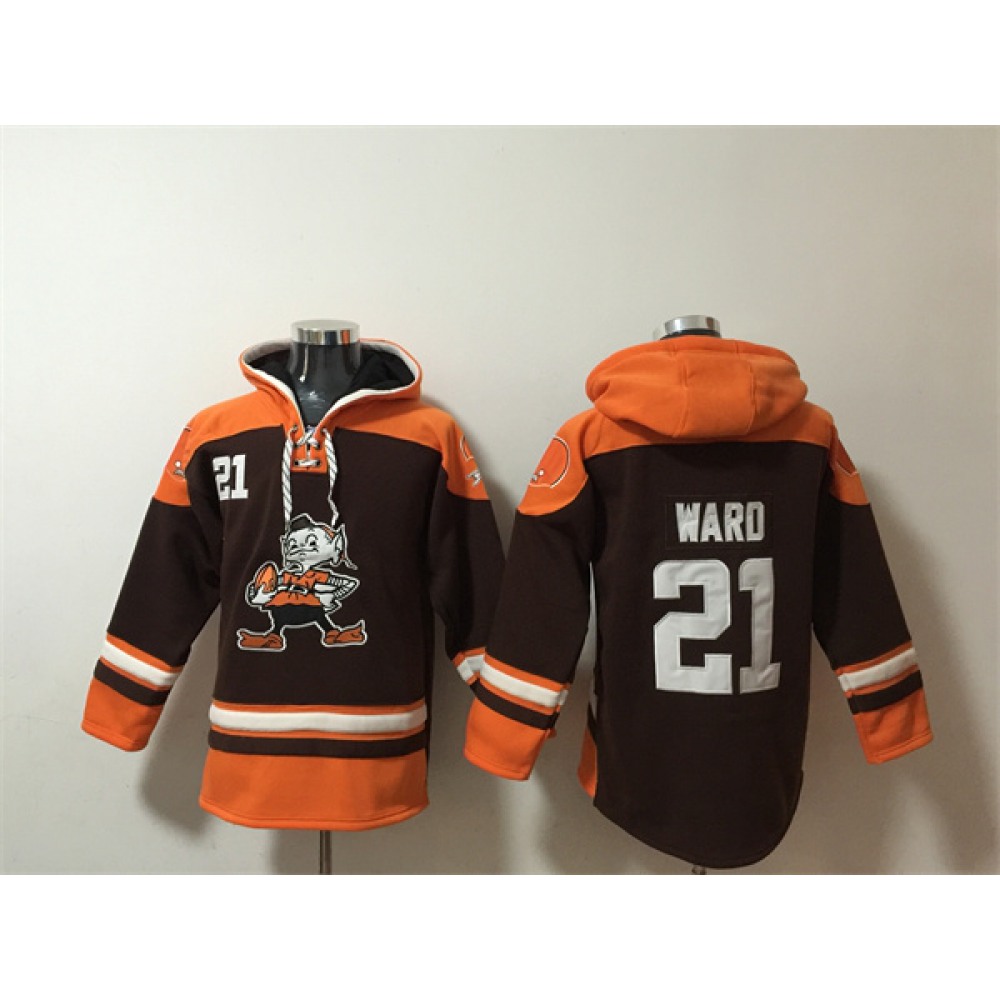 Men's Cleveland Browns #21 Denzel Ward Brown Lace-Up Pullover Hoodie