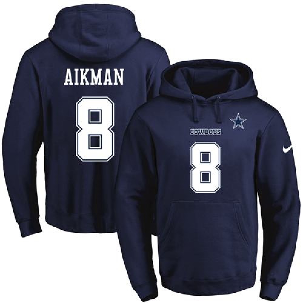 Cowboys #8 Troy Aikman Navy Blue Name & Number Pullover NFL Hoodie