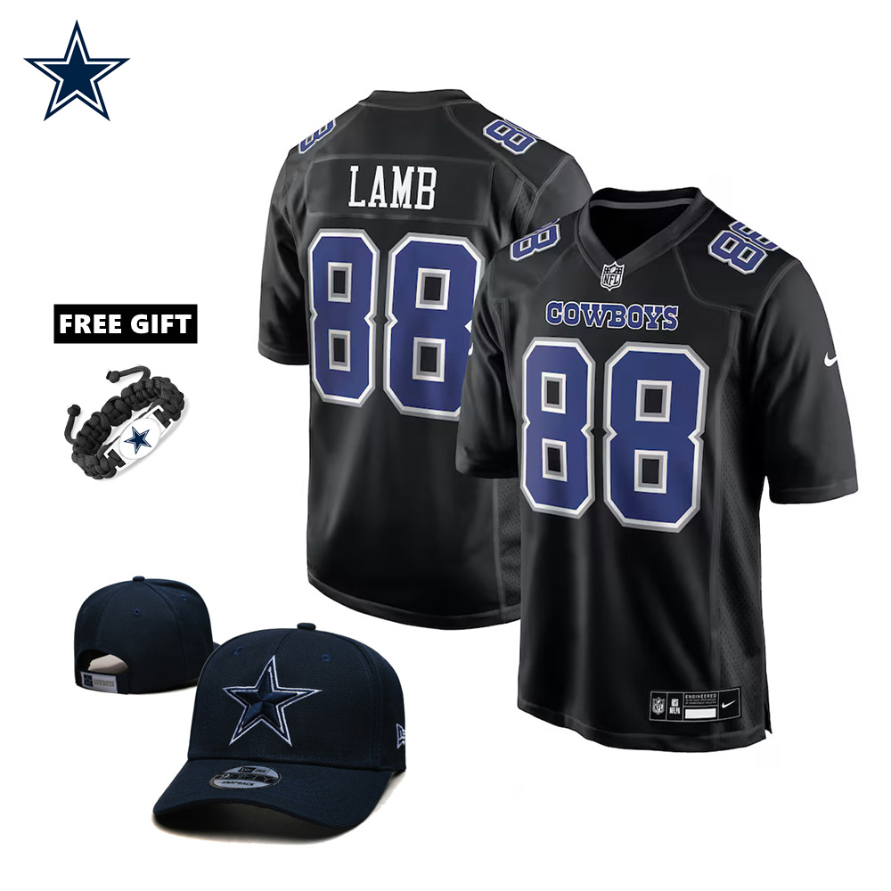 🔥Combo Sale - Dallas Cowboys CeeDee Lamb Nike Carbon Black Fashion Game Jersey & New Era Navy Main 9FIFTY Adjustable Hat