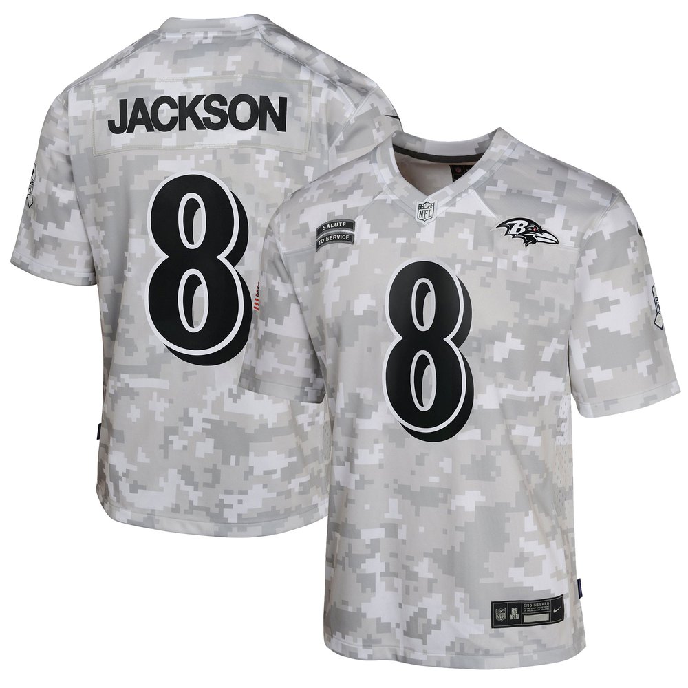 Youth Baltimore Ravens Lamar JacksonArctic Camo 2024 Salute to Service Game Jersey