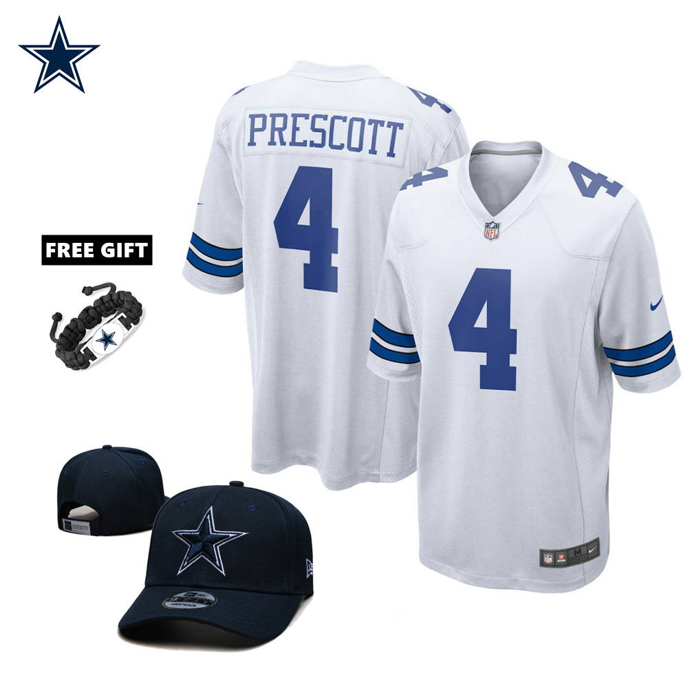 🔥Combo Sale - Dallas Cowboys Dak Prescott Nike White Game Jersey & New Era Navy Main 9FIFTY Adjustable Hat