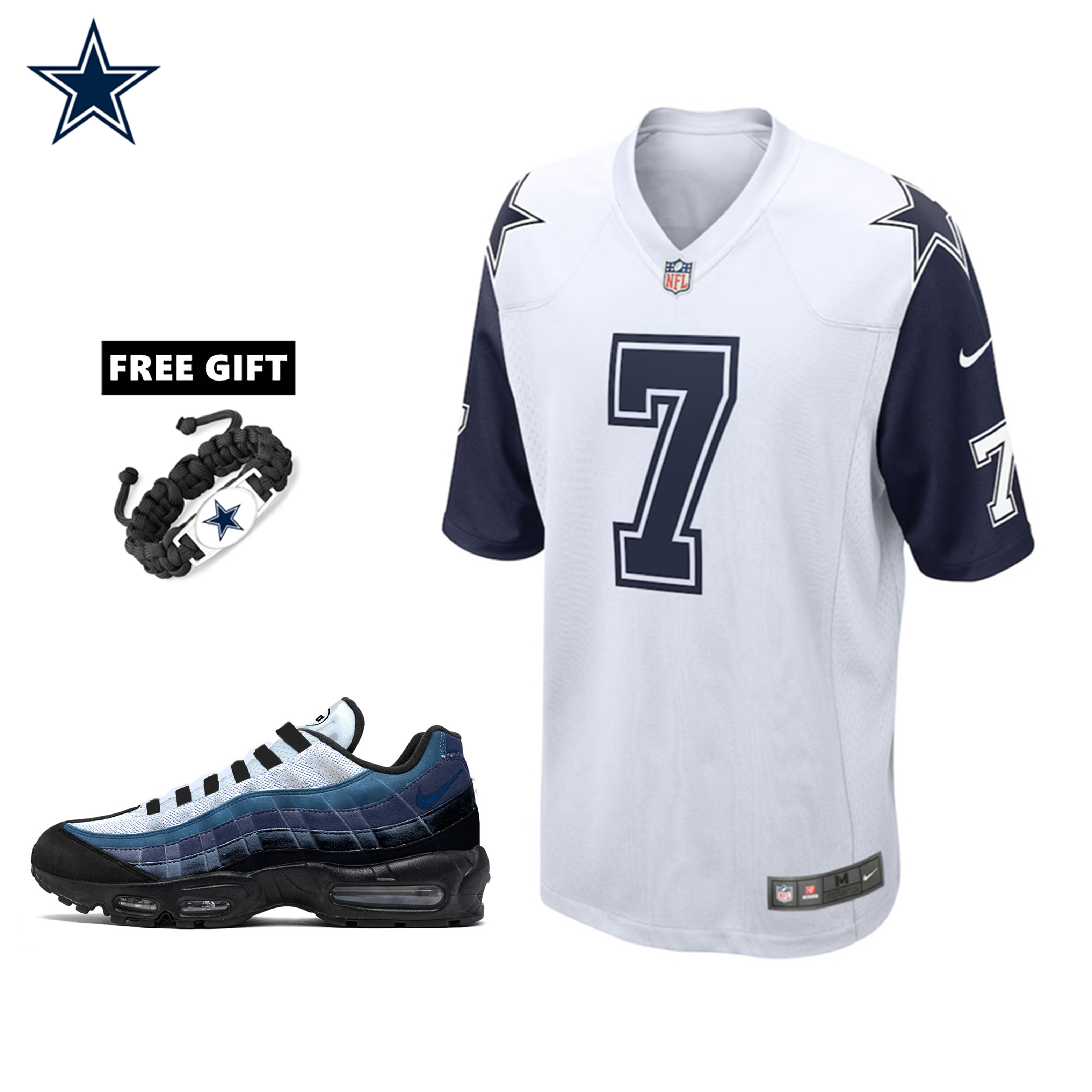 🔥Combo Sale - Dallas Cowboys Trevon Diggs Nike White Alternate Game Jersey & Air Max 95 Team Color Sneakers