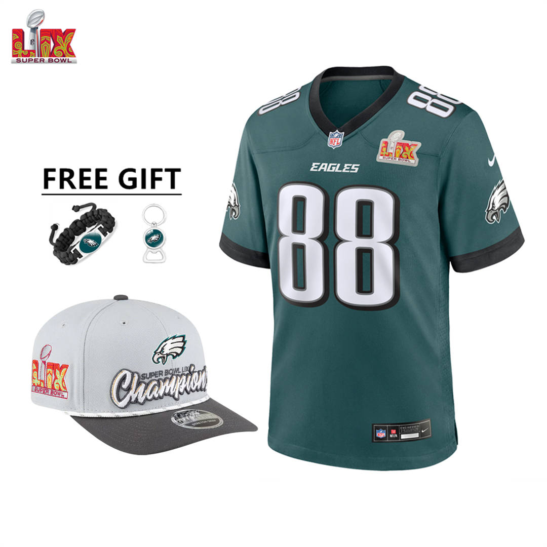 🔥Champ Combo Sale - Philadelphia Eagles Dallas Goedert Nike Midnight Green Super Bowl LIX Game Jersey & New Era Gray/Charcoal Super Bowl LIX Champions Adjustable Hat