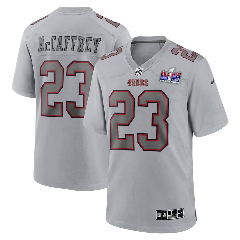 Men's San Francisco 49ers #23 Christian McCaffreyGray Super Bowl LVIII Atmosphere Fashion Game Jersey