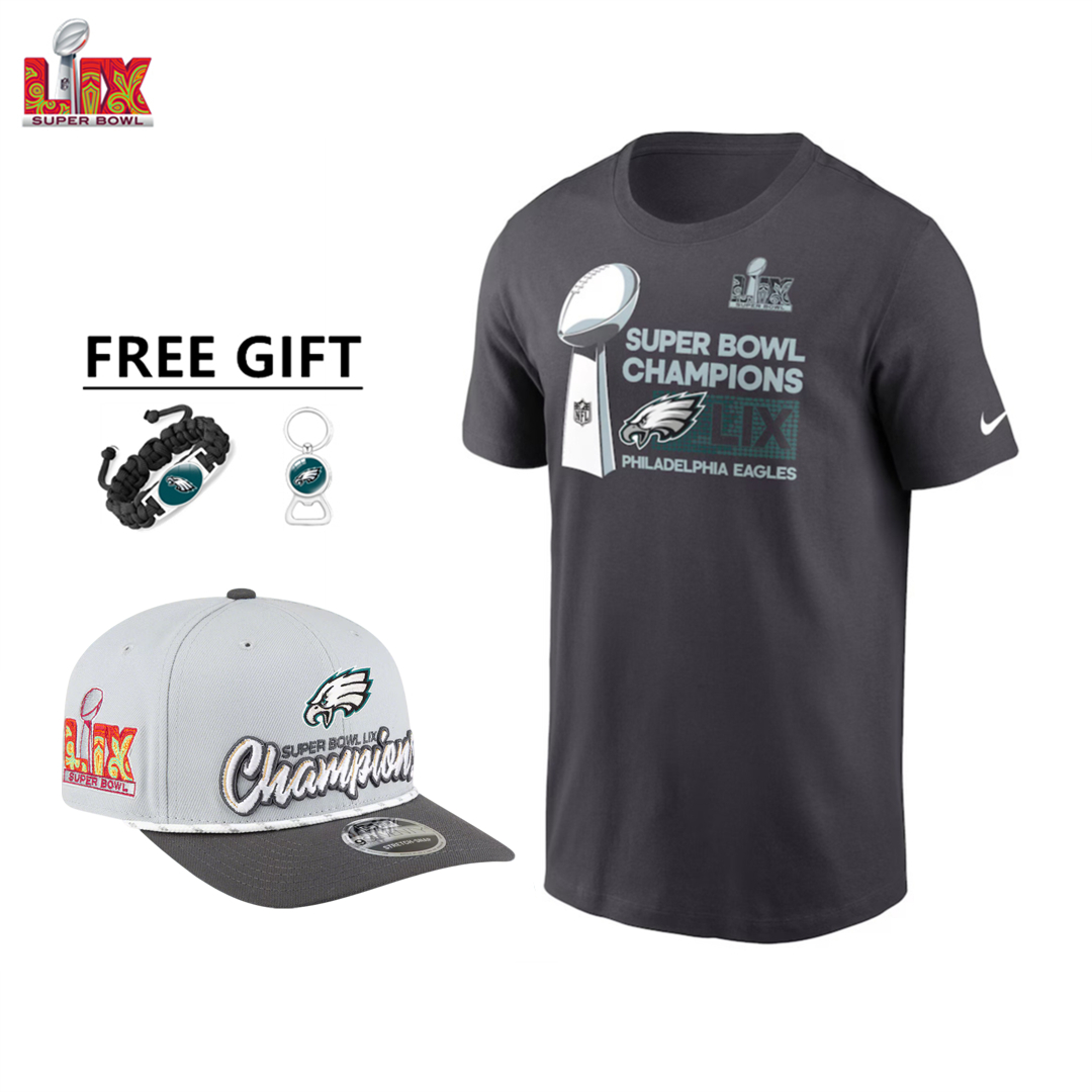 🔥Champ Combo Sale - Philadelphia Eagles Super Bowl LIX Champions Nike Anthracite Trophy Collection T-Shirt & New Era Gray/Charcoal Adjustable Hat