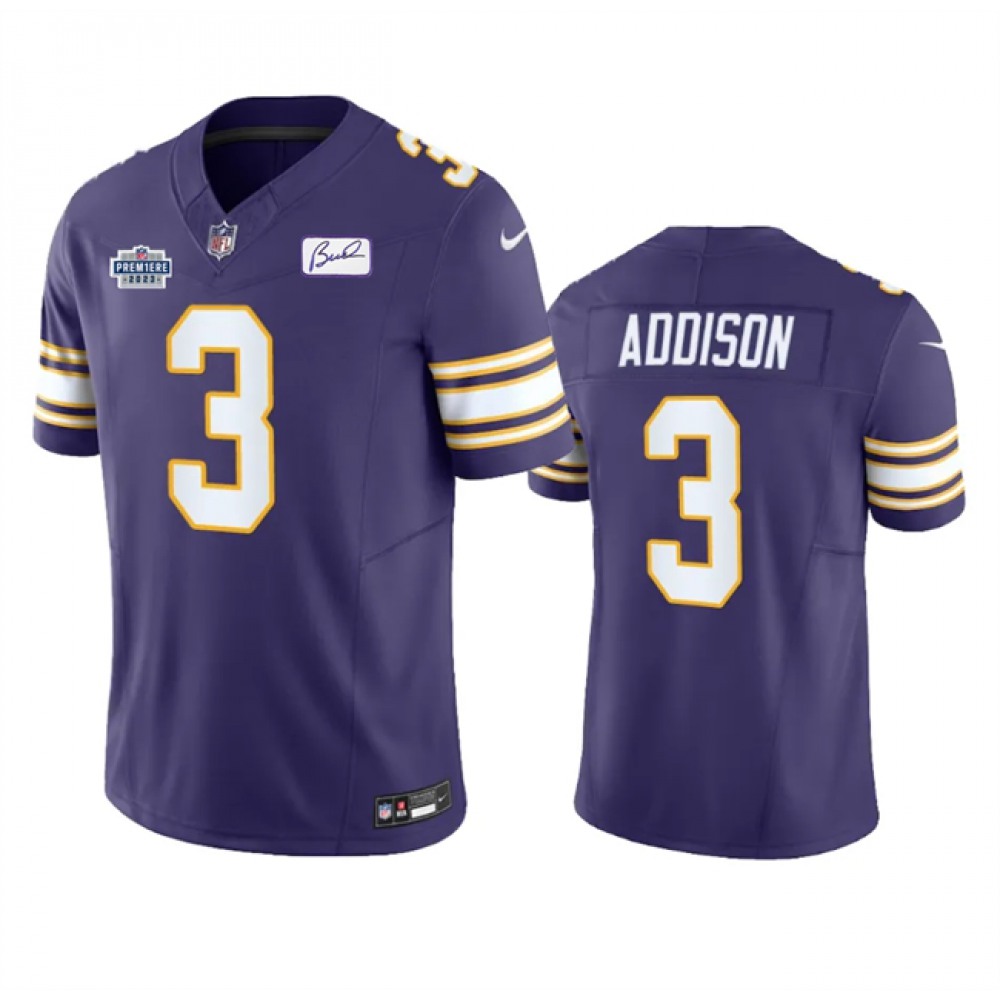 Men's Minnesota Vikings #3 Jordan Addison Purple 2023 F.U.S.E. With Prem1ere Patch And Bud Grant patch Vapor Untouchable Limited Stitched Football Jersey