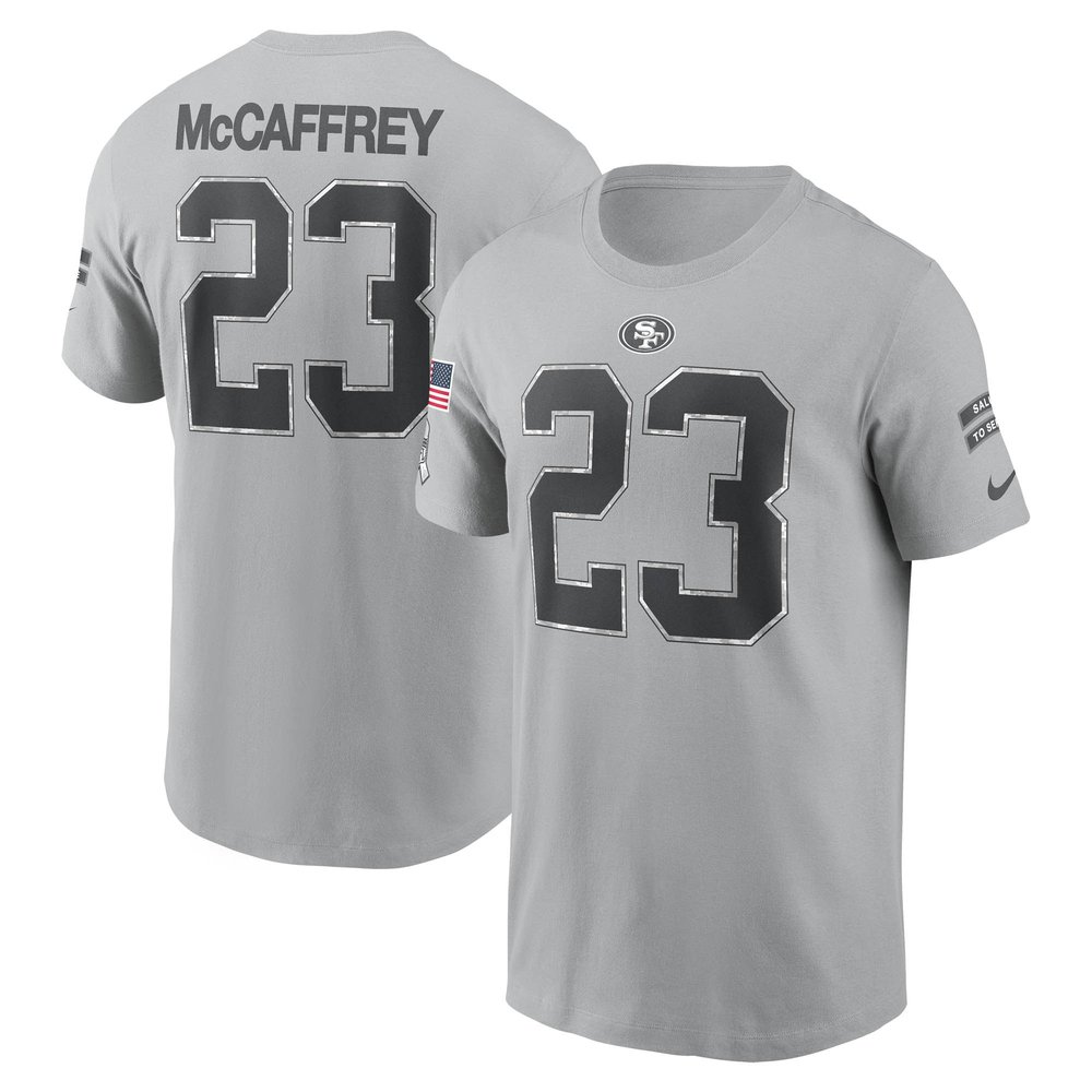 Men's San Francisco 49ers Christian McCaffreyGray 2024 Salute To Service Name & Number T-Shirt