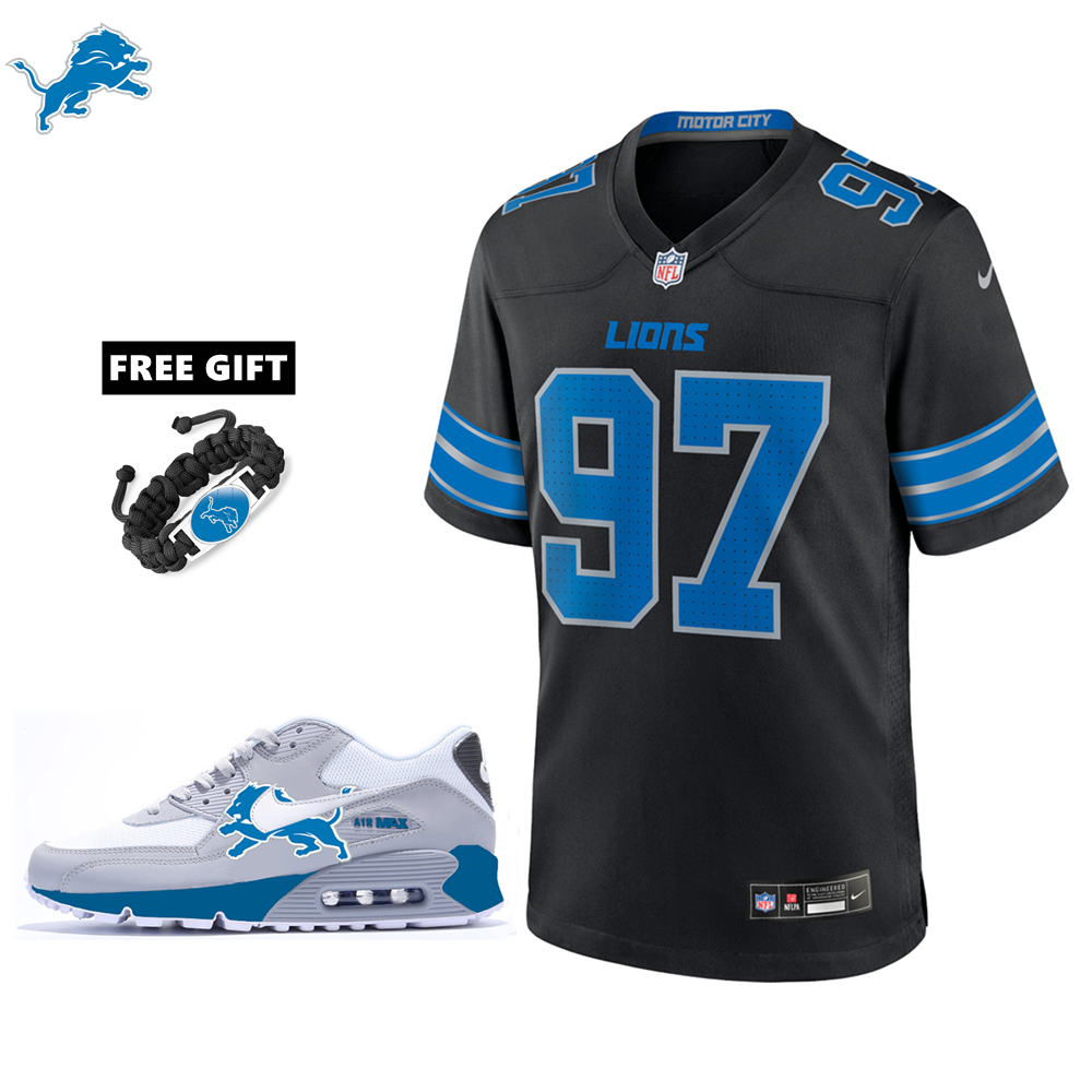 🔥Combo Sale - Detroit Lions Aidan Hutchinson Nike Black 2nd Alternate Game Jersey & Air Max 90 Classic Sneakers