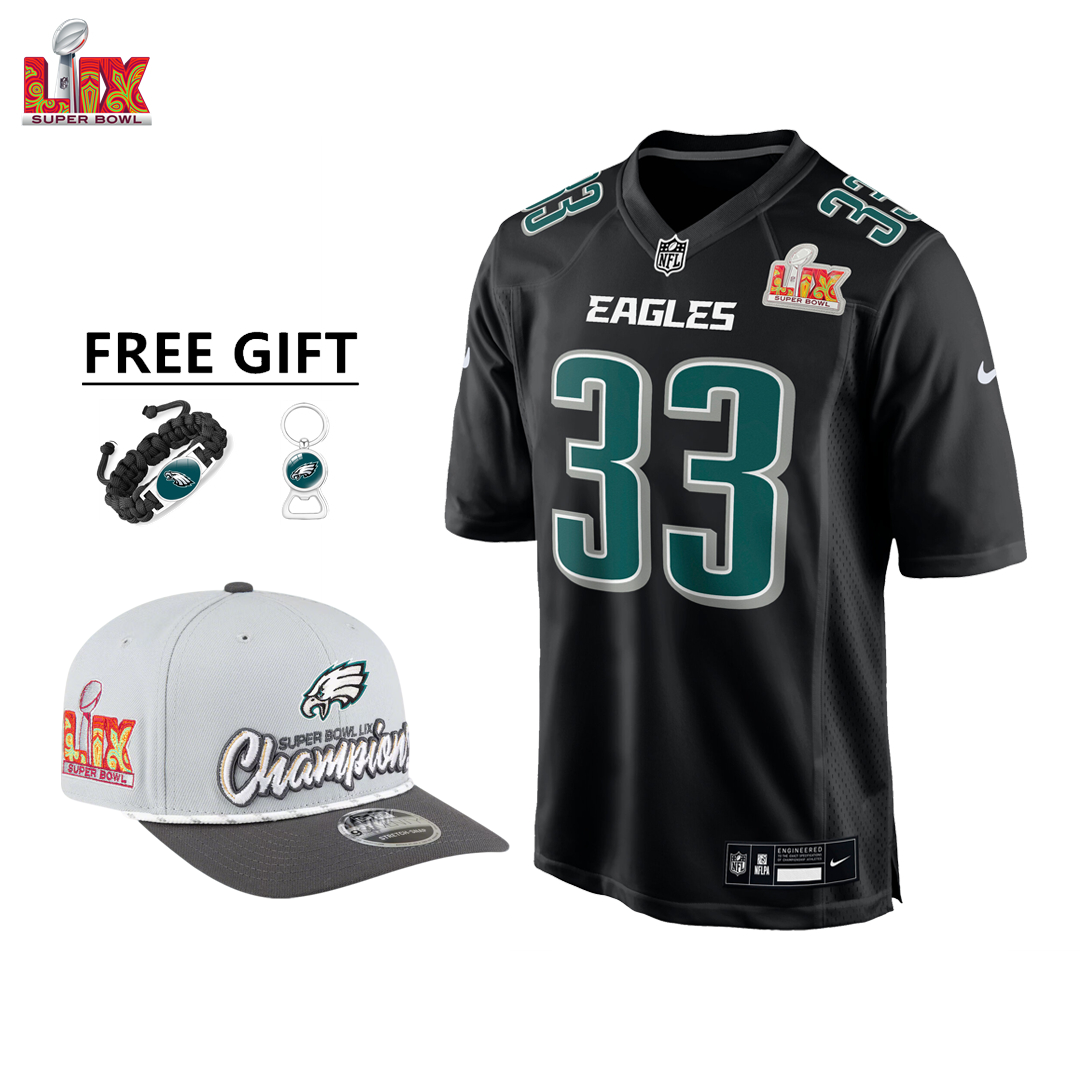 🔥Champ Combo Sale - Philadelphia Eagles Cooper DeJean Nike Carbon Black Super Bowl LIX Game Jersey & New Era Gray/Charcoal Super Bowl LIX Champions Adjustable Hat