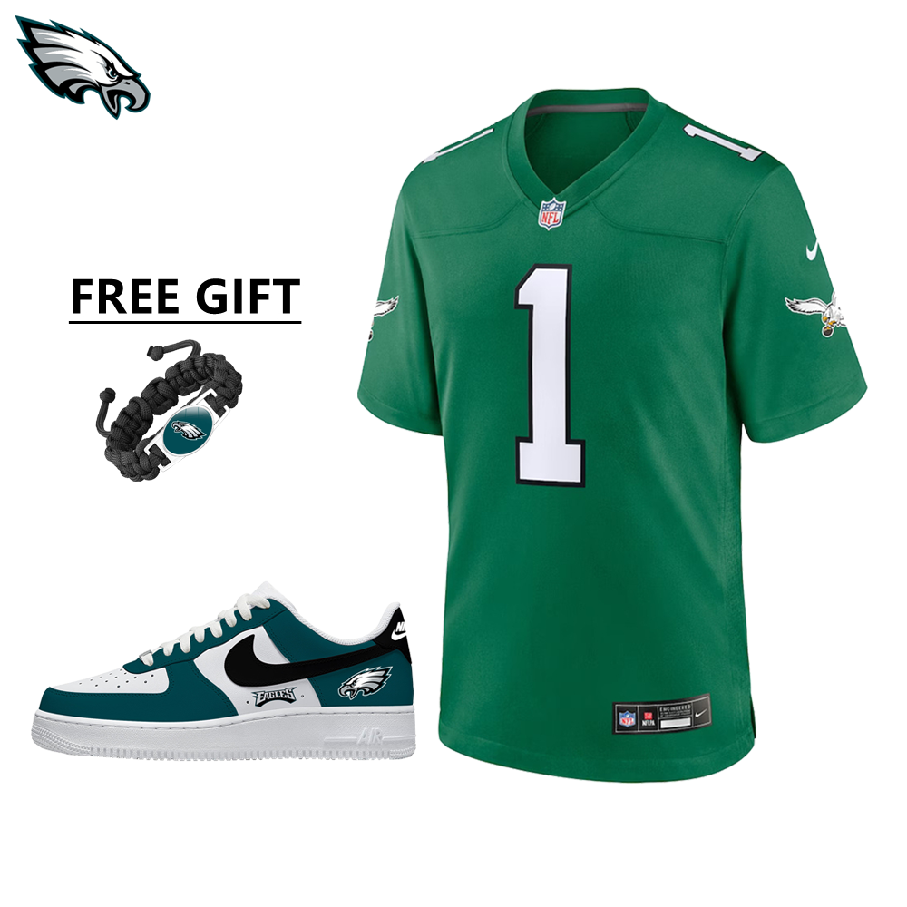 🔥Combo Sale - Philadelphia Eagles Jalen Hurts Nike Kelly Green Alternate Game Jersey & Air Force 1 Low Team Sneakers