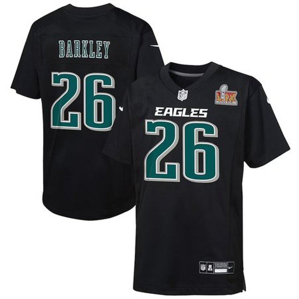 Youth Philadelphia Eagles #26 Saquon BarkleyCarbon Black Super Bowl LIX Patch Fashion Game Player Jersey