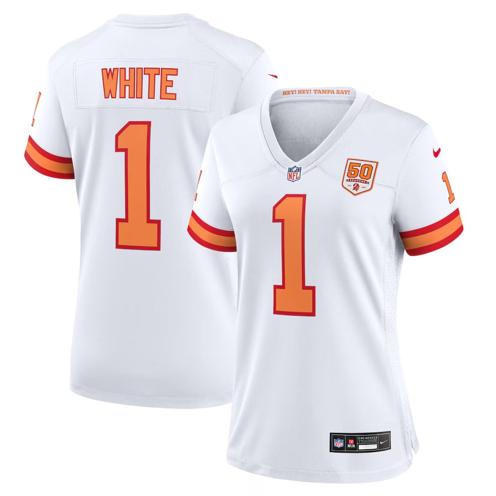 Women's '76 Tampa Bay Buccaneers #1 Rachaad White Nike White 50th Season Game Jersey