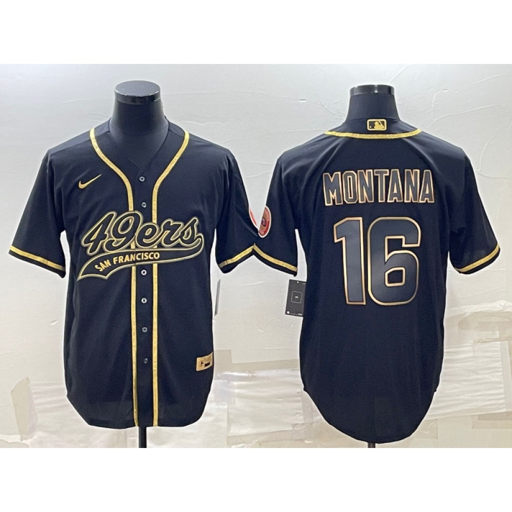 Men's San Francisco 49ers #16 Joe Montana Black Gold With Patch Cool Base Stitched Baseball Jersey