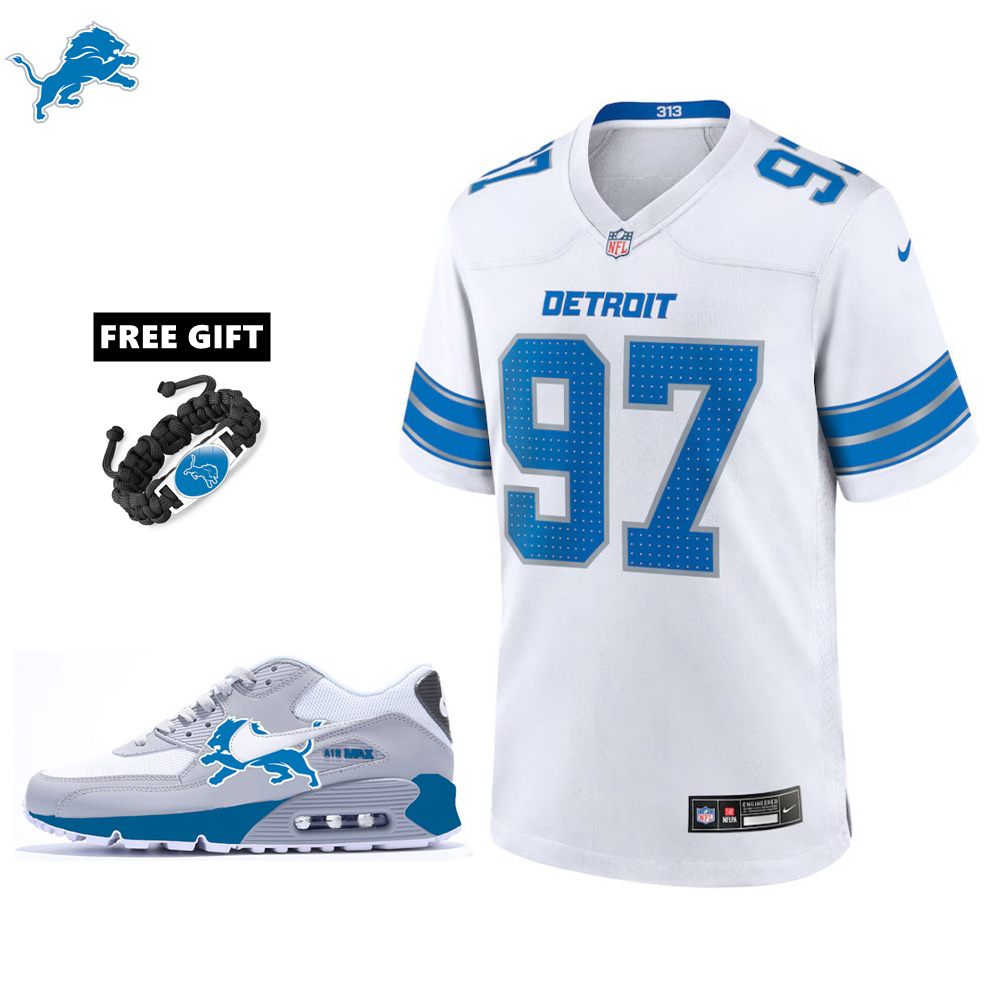🔥Combo Sale - Detroit Lions Aidan Hutchinson Nike White Game Jersey & Air Max 90 Classic Sneakers