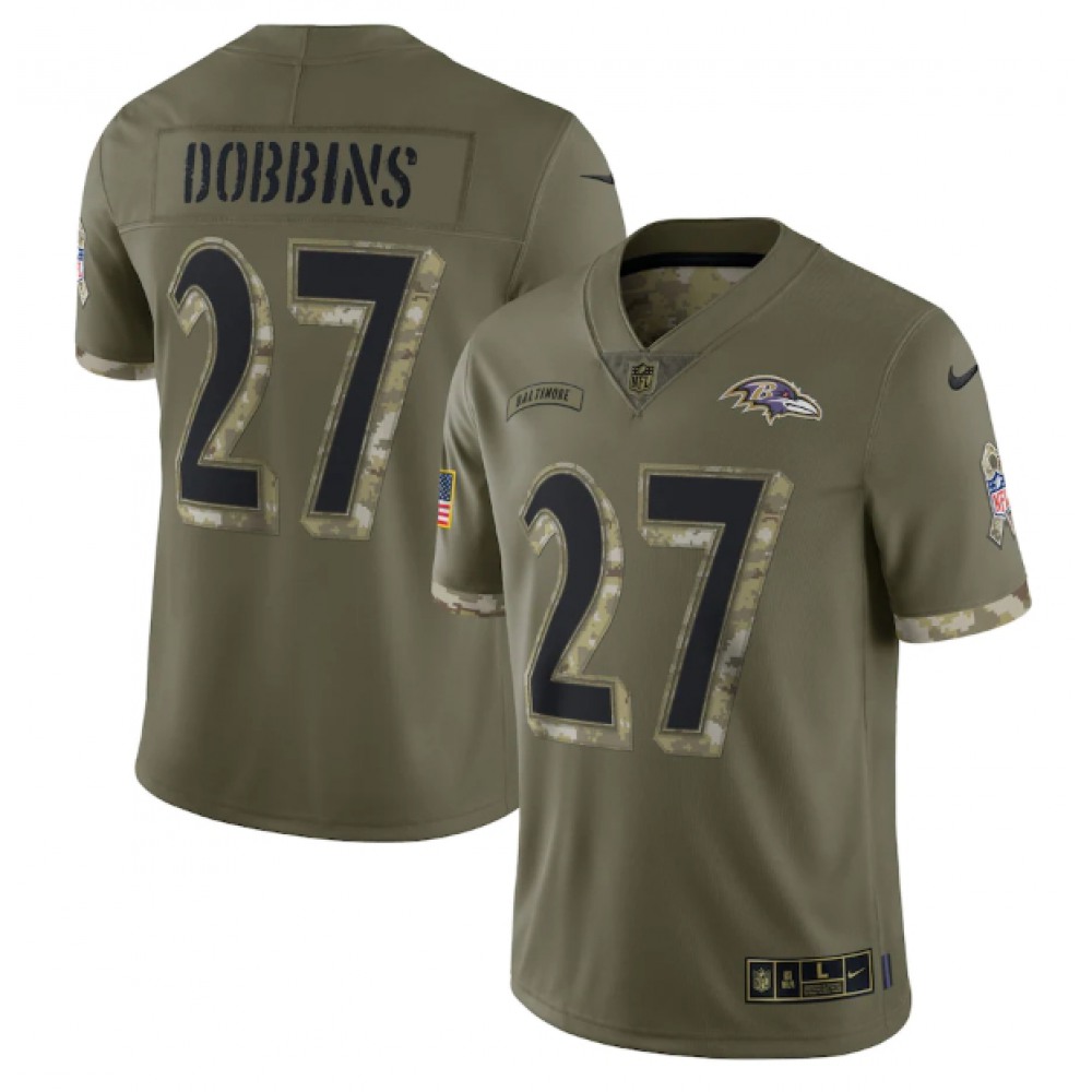 Men's Baltimore Ravens #27 J.K. Dobbins Olive 2022 Salute To Service Limited Stitched Jersey