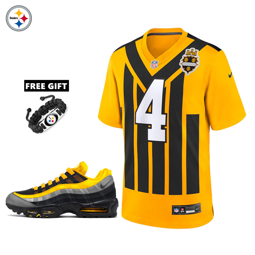 🔥Combo Sale - Pittsburgh Steelers DK Metcalf Nike Gold Alternate 1933 Throwback Game Jersey & Air Max 95 Team Color Sneakers