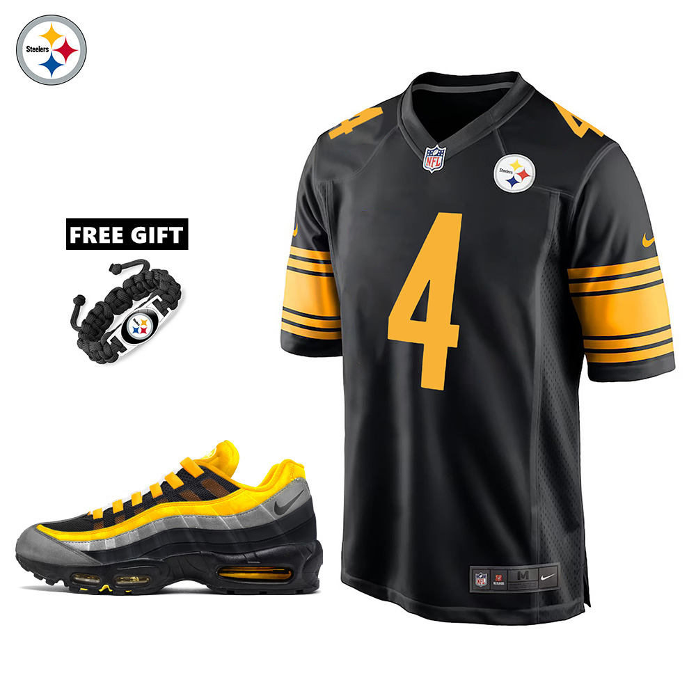 🔥Combo Sale - Pittsburgh Steelers DK Metcalf Nike Black Alternate Game Jersey & Air Max 95 Team Color Sneakers