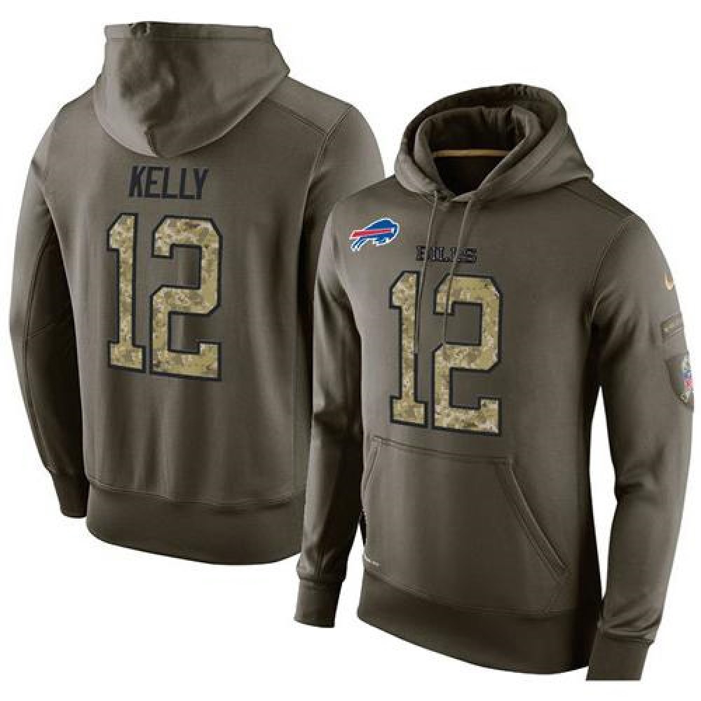 NFL Men'sBuffalo Bills #12 Jim Kelly Stitched Green Olive Salute To Service KO Performance Hoodie