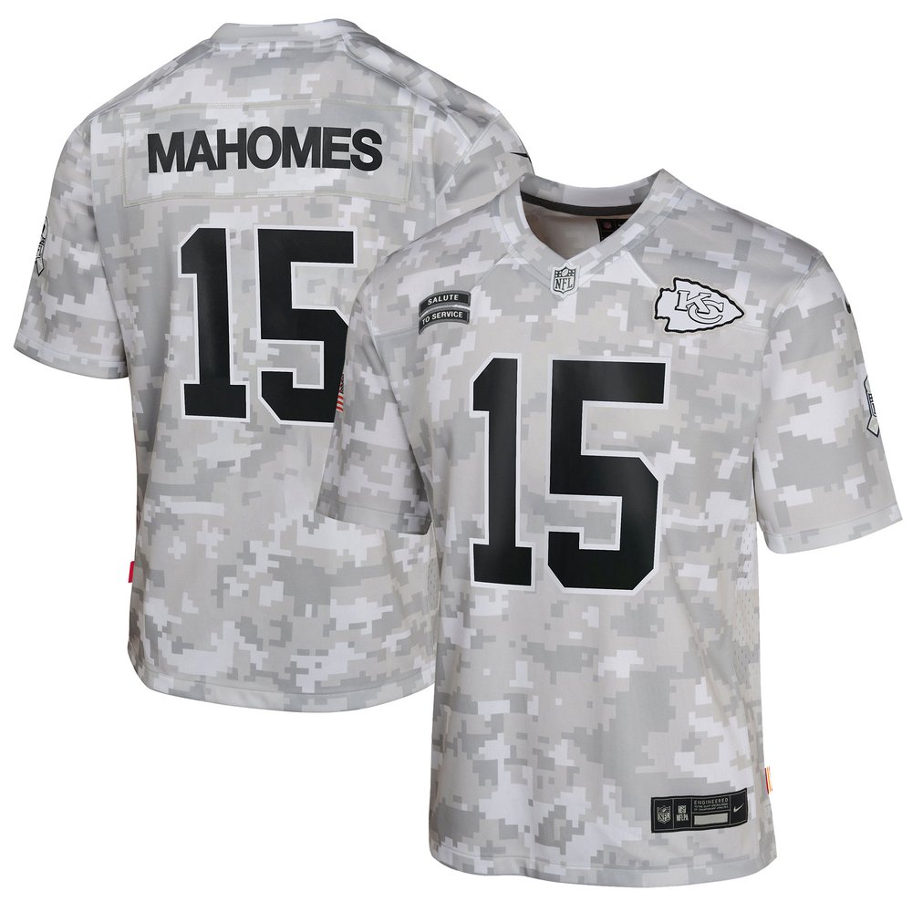 Youth Kansas City Chiefs #15 Patrick MahomesArctic Camo 2024 Salute to Service Game Jersey