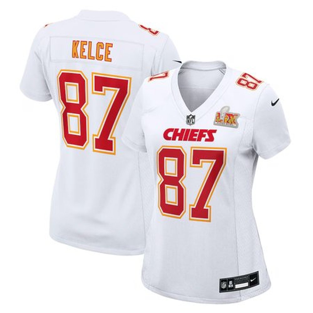 Women's Kansas City Chiefs #87 Travis KelceTundra White Super Bowl LIX Fashion Game Jersey