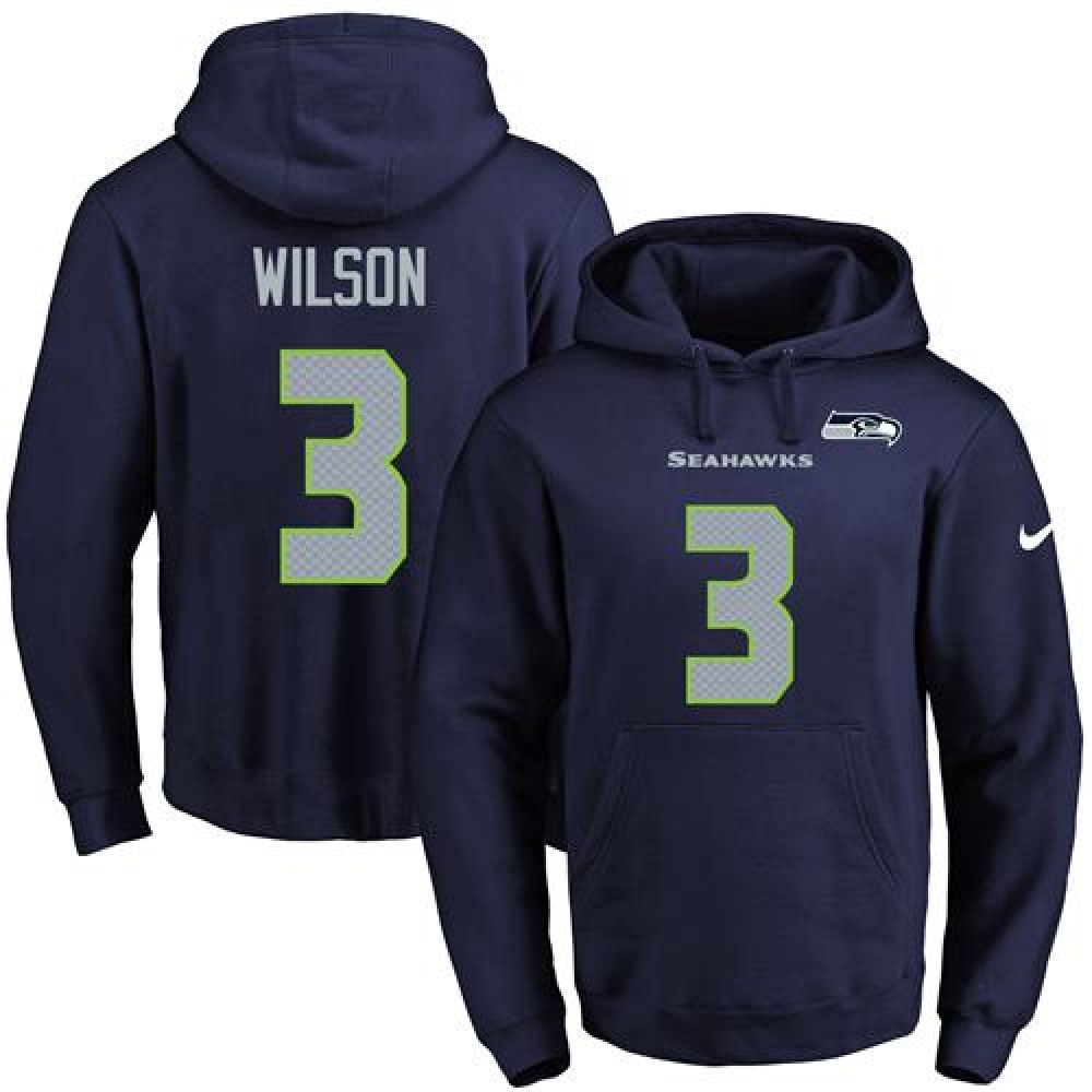 Seahawks #3 Russell Wilson Navy Blue Name & Number Pullover NFL Hoodie