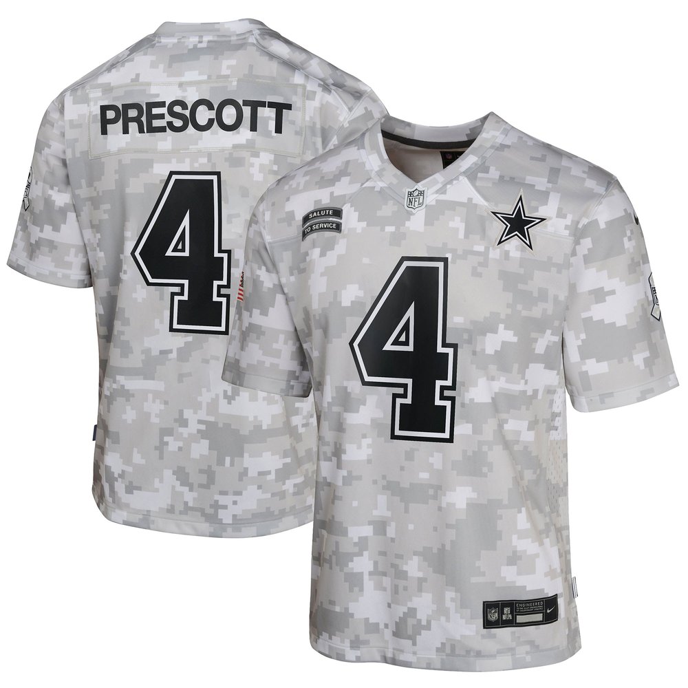 Youth Dallas Cowboys Dak PrescottArctic Camo 2024 Salute to Service Game Jersey