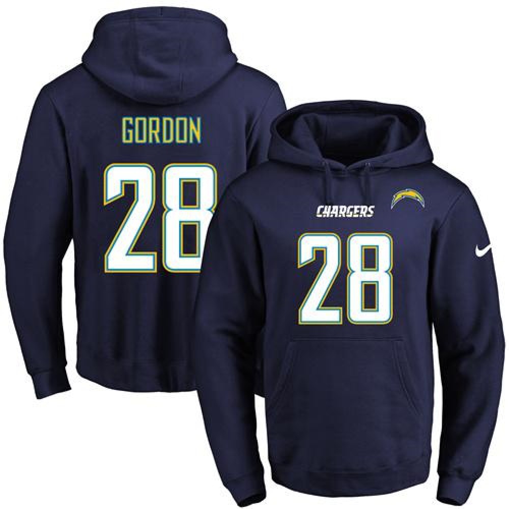 Chargers #28 Melvin Gordon Navy Blue Name & Number Pullover NFL Hoodie