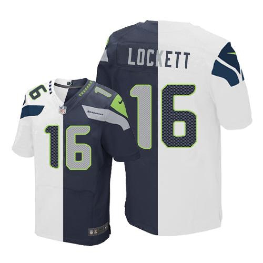 Seahawks #16 Tyler Lockett White/Steel Blue Men's Stitched NFL Elite Split Jersey