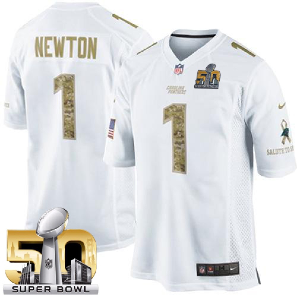 Panthers #1 Cam Newton White Super Bowl 50 Men's Stitched NFL Limited Salute to Service Jersey