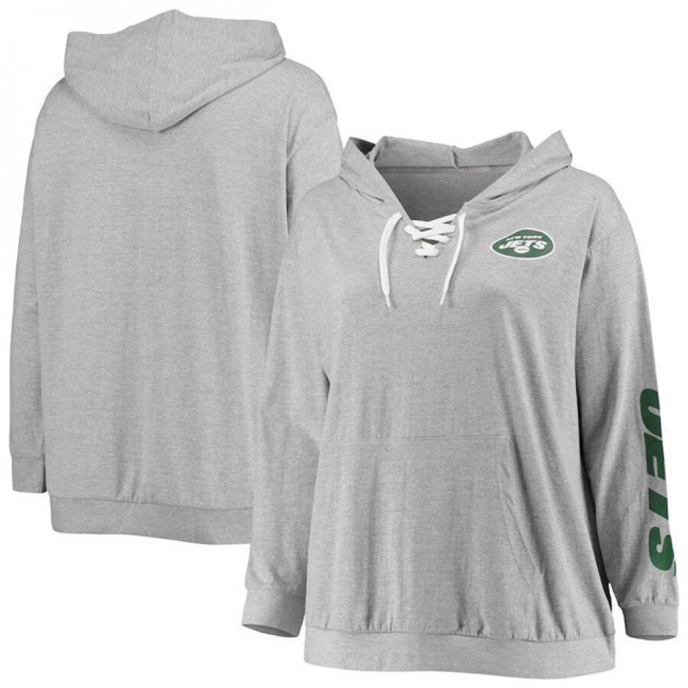 Women's New York Jets Heathered GrayLace-Up Pullover Hoodie