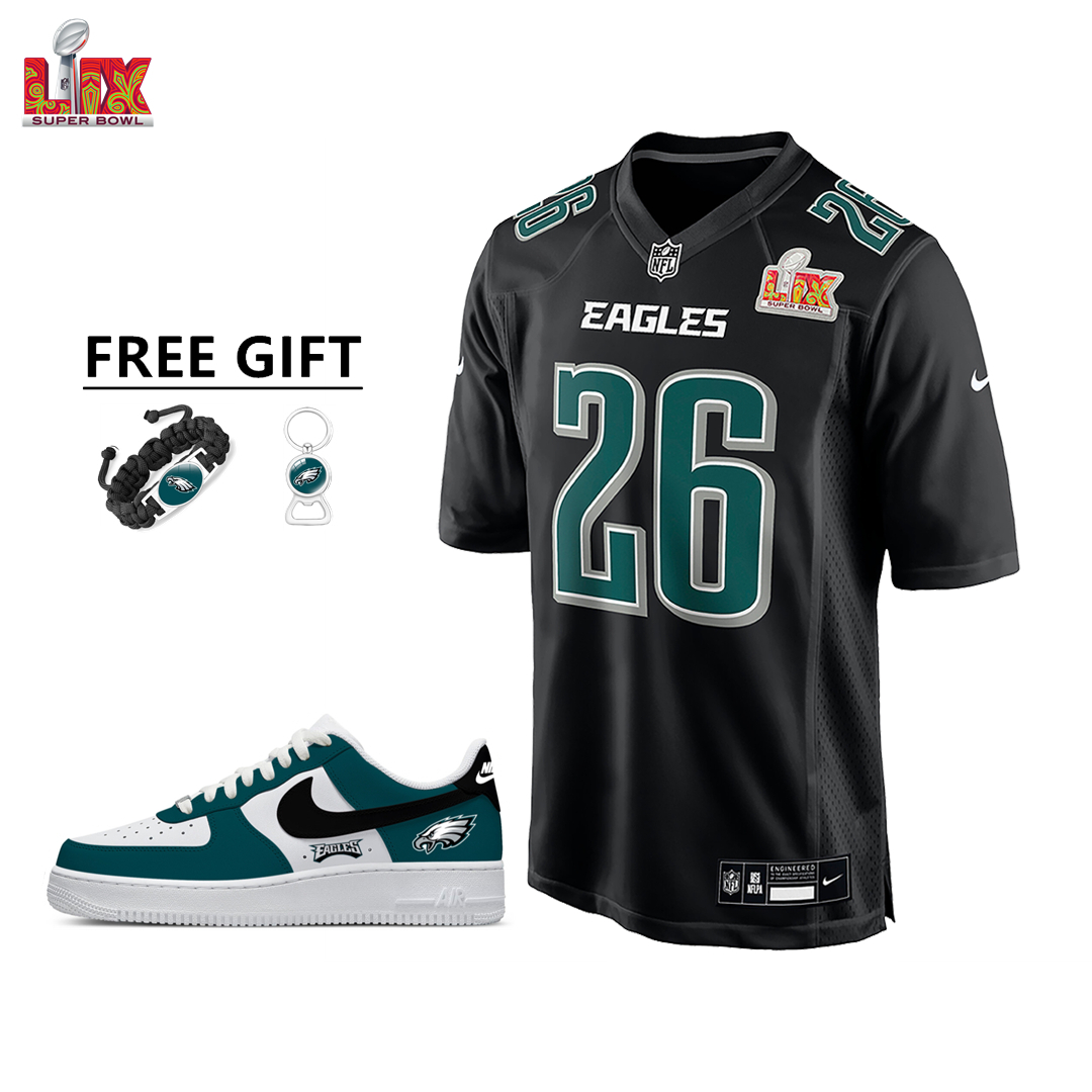 🔥Combo Sale - Philadelphia Eagles Saquon Barkley Nike Carbon Black Super Bowl LIX Game Jersey & Air Force 1 Low Team Sneakers