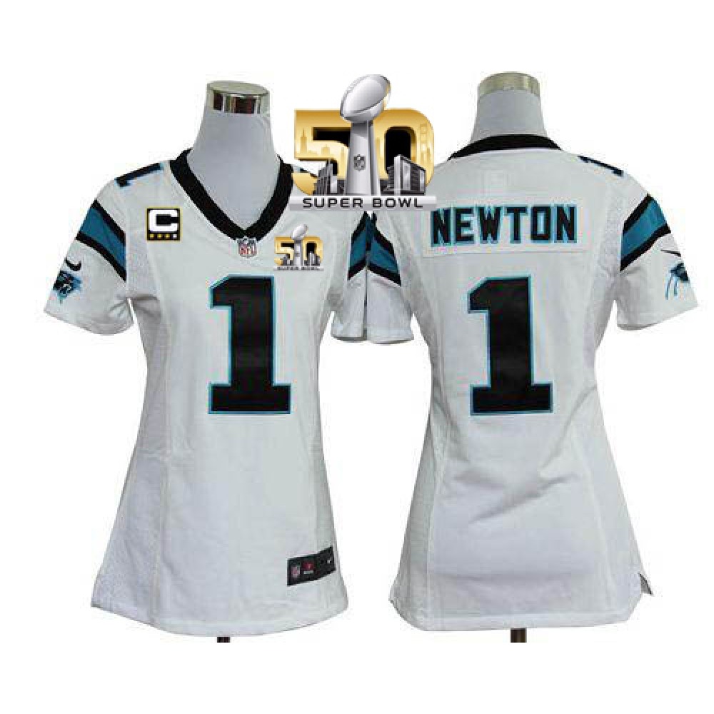 Panthers #1 Cam Newton White With C Patch Super Bowl 50 Women's Stitched NFL Elite Jersey