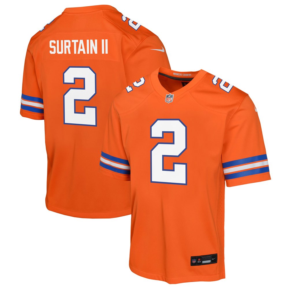 Youth Denver Broncos Patrick Surtain IIOrange Mile High Collection 1977 Throwback Game Jersey