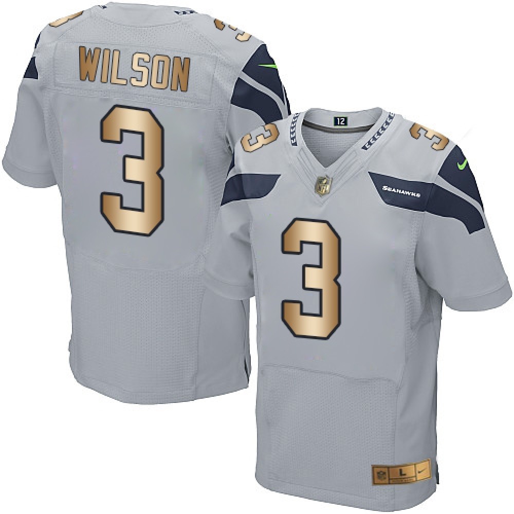Seahawks #3 Russell Wilson Grey Alternate Men's Stitched NFL Elite Gold Jersey