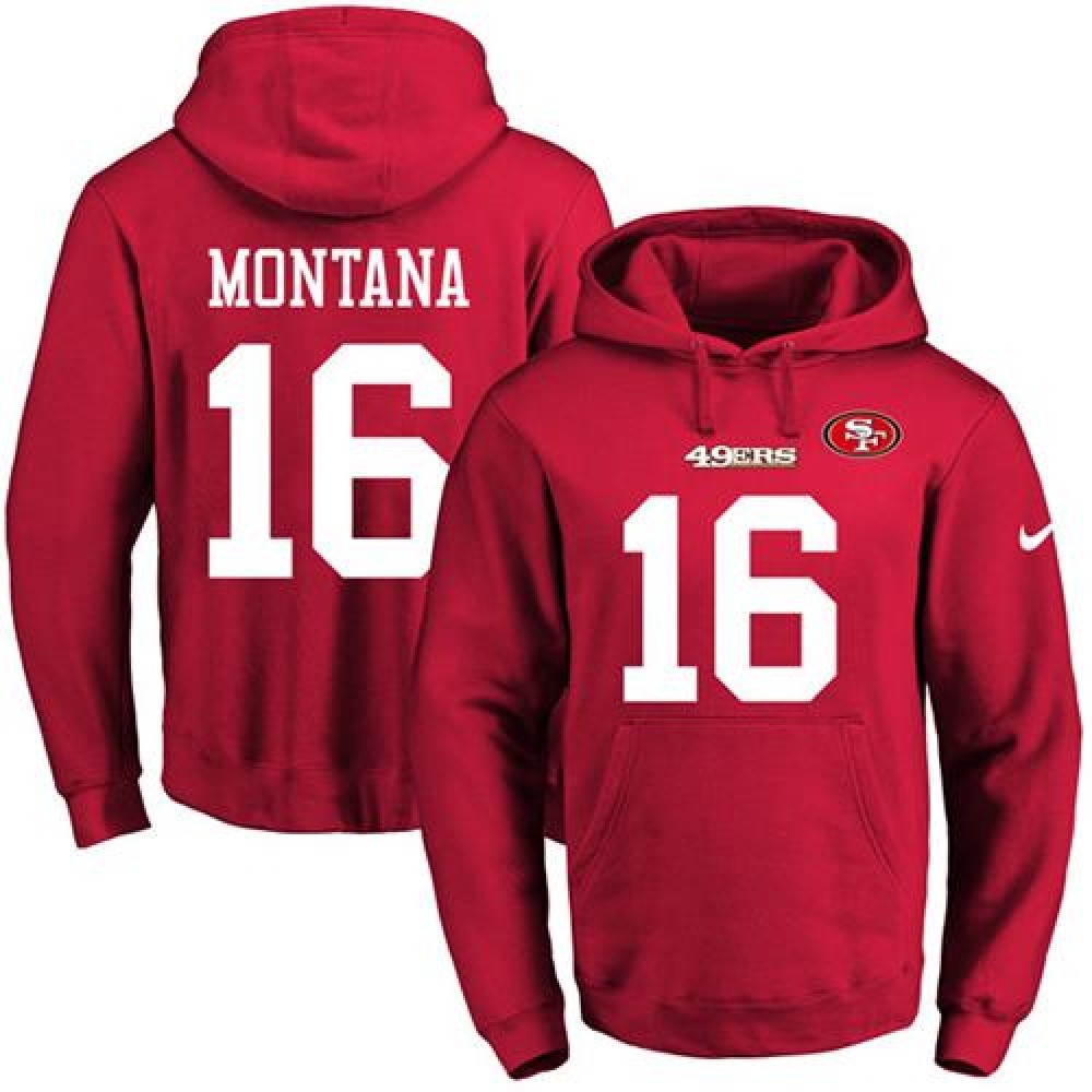 49ers #16 Joe Montana Red Name & Number Pullover NFL Hoodie