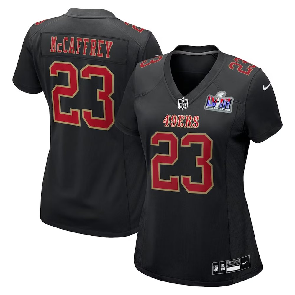 Women's San Francisco 49ers #23 Christian McCaffreyBlack Super Bowl LVIII Carbon Fashion Game Player Jersey