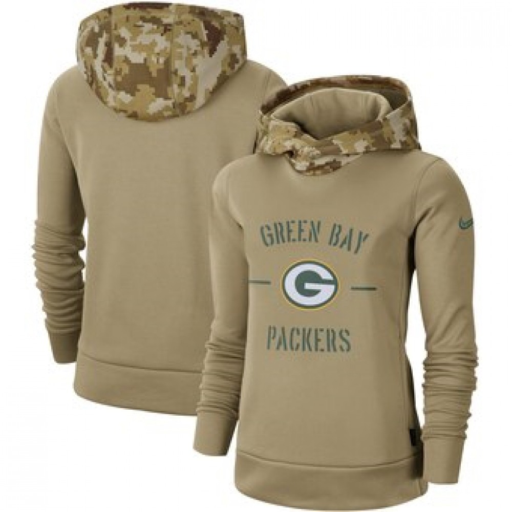 Women's Green Bay PackersKhaki 2019 Salute to Service Therma Pullover Hoodie(Run Small)