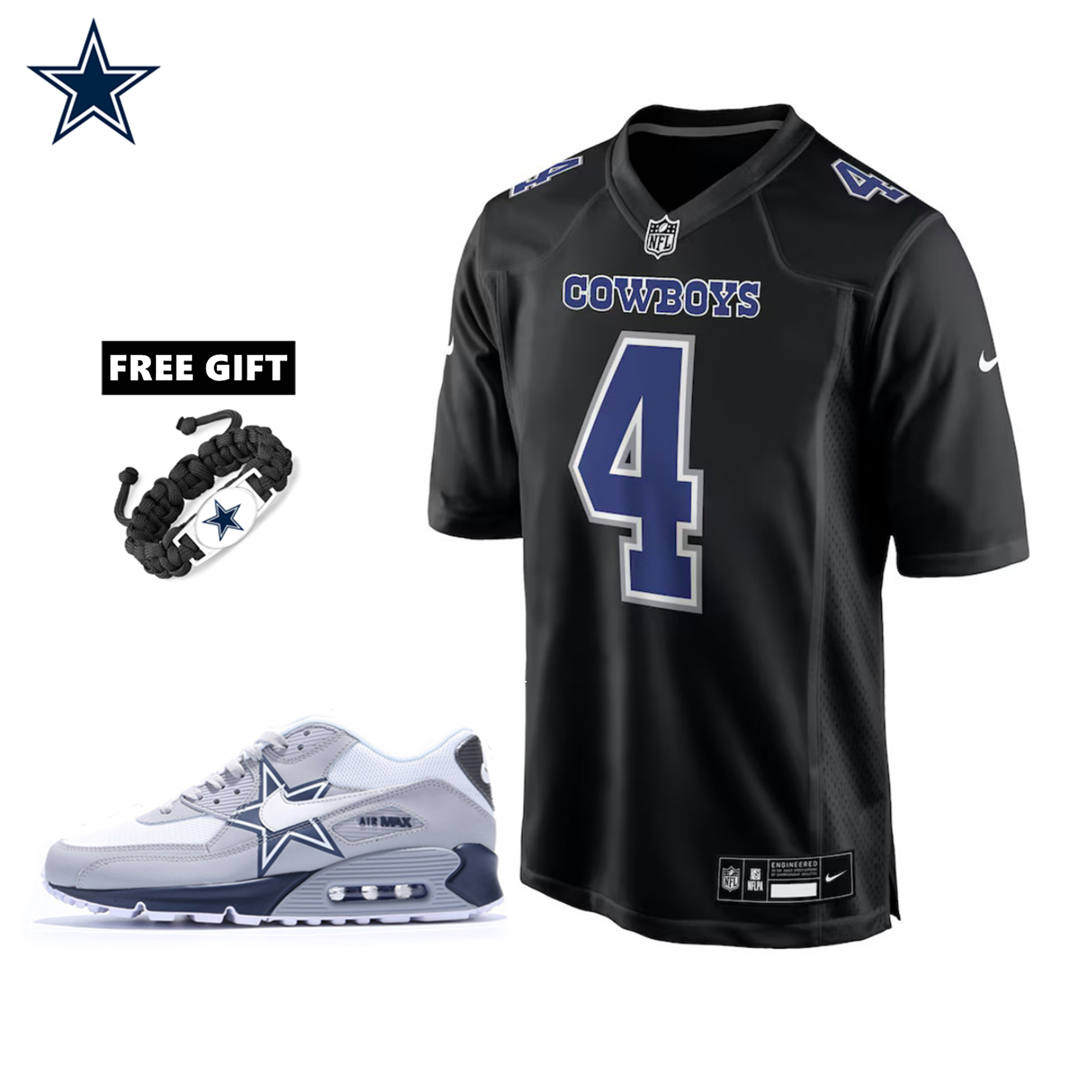 🔥Combo Sale - Dallas Cowboys Dak Prescott Nike Carbon Black Fashion Game Jersey & Air Max 90 Classic Sneakers