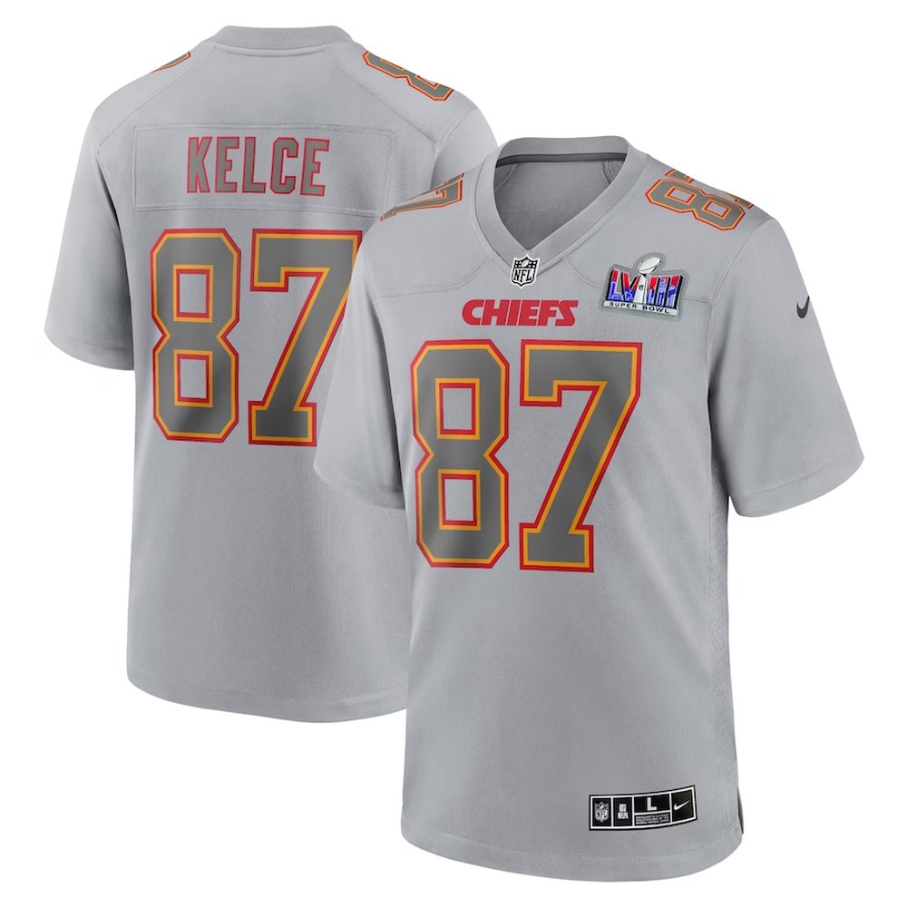Men's Kansas City Chiefs #87 Travis KelceGray Super Bowl LVIII Atmosphere Fashion Game Jersey