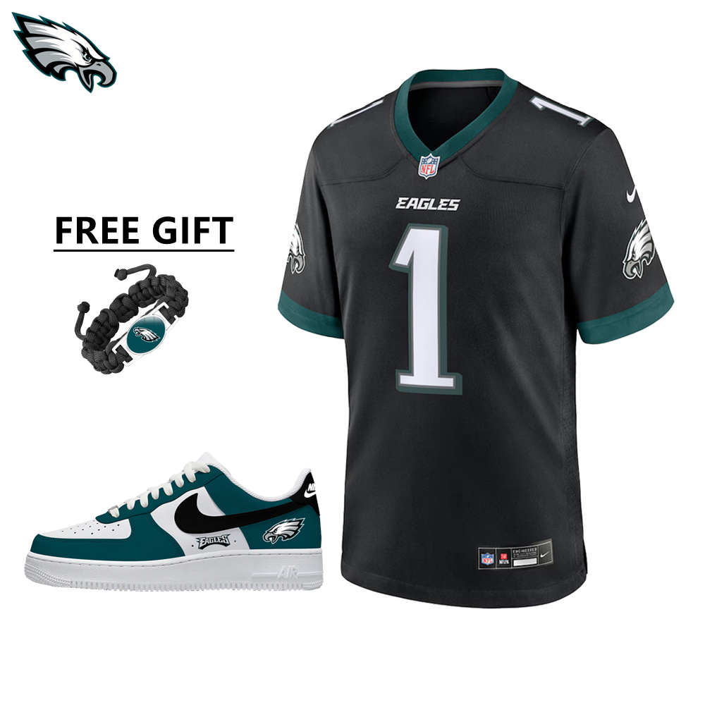 🔥Combo Sale - Philadelphia Eagles Jalen Hurts Nike Black Alternate Game Jersey & Air Force 1 Low Team Sneakers