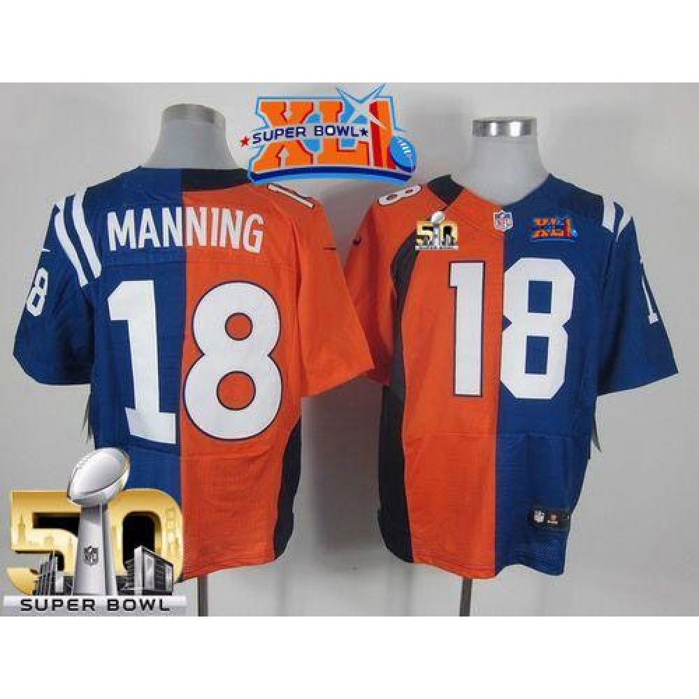Colts #18 Peyton Manning Orange/Royal Blue Super Bowl XLI & Super Bowl 50 Men's Stitched NFL Elite Split Broncos Jersey