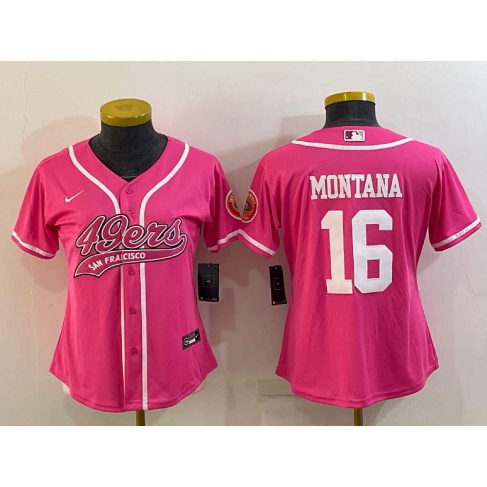 Women's San Francisco 49ers #16 Joe Montana Pink With Patch Cool Base Stitched Baseball Jersey(Run Small)