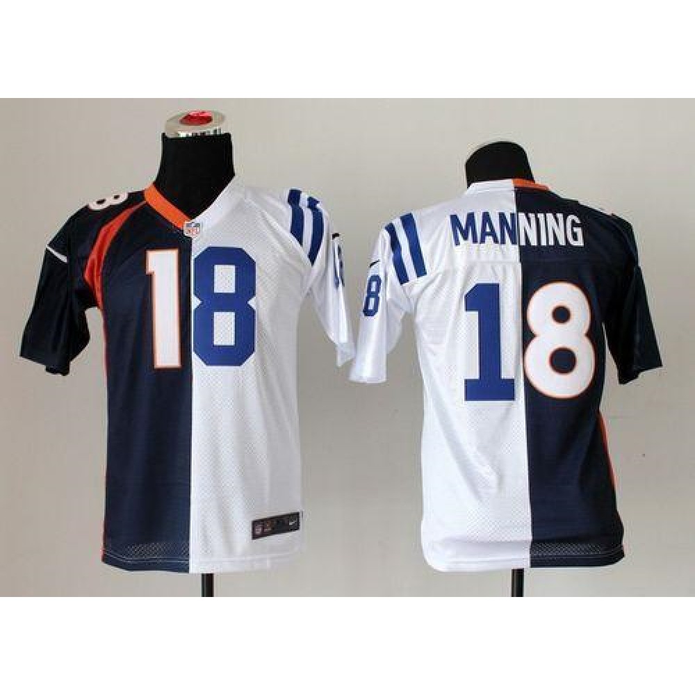 Colts #18 Peyton Manning Blue/White Youth Stitched NFL Elite Split Broncos Jersey
