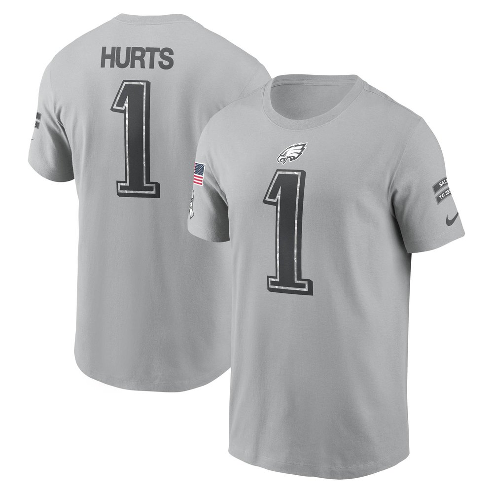 Men's Philadelphia Eagles #1 Jalen HurtsGray 2024 Salute To Service Name & Number T-Shirt