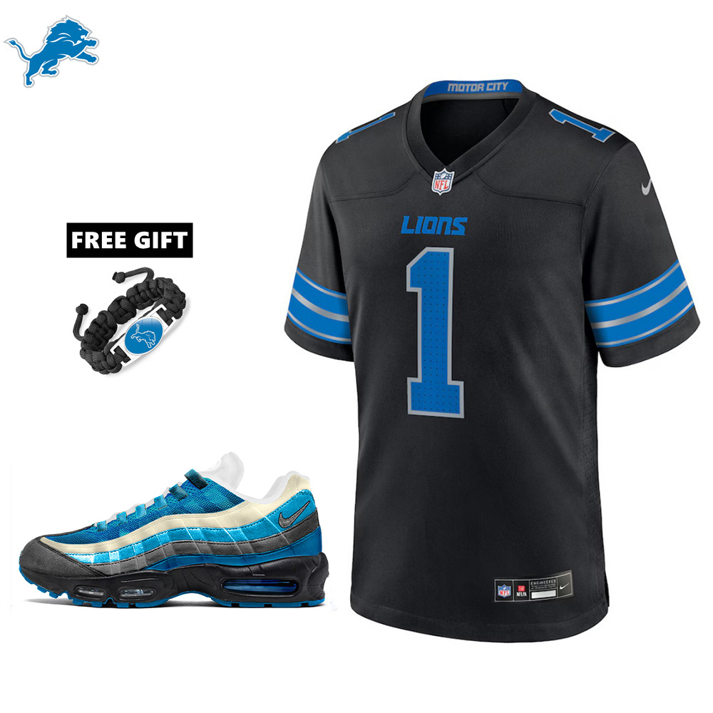 🔥Combo Sale - Detroit Lions Jameson Williams Nike Black 2nd Alternate Game Jersey & Air Max 95 Team Color Sneakers