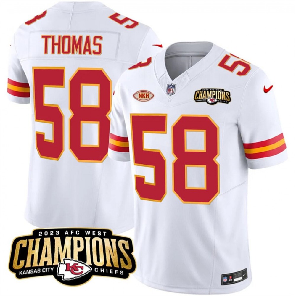 Men's Kansas City Chiefs #58 Derrick Thomas White 2023 F.U.S.E. AFC West Champions With 