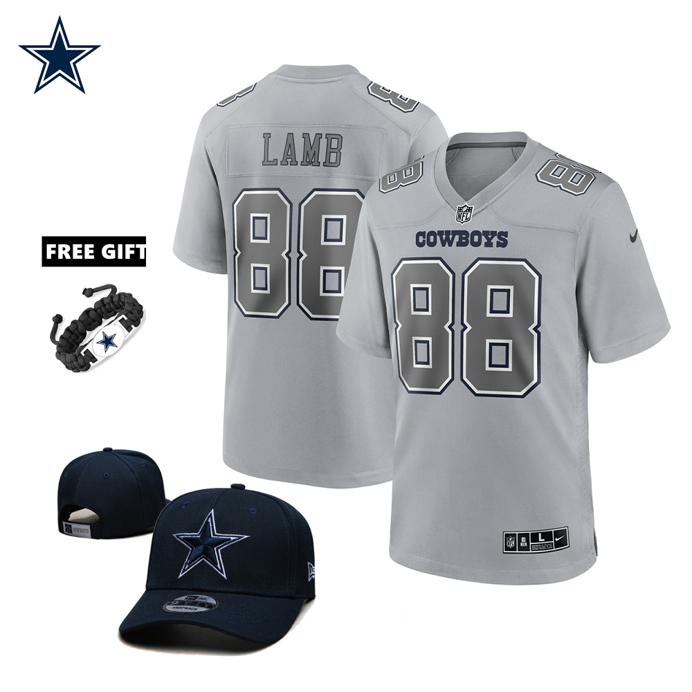 🔥Combo Sale - Dallas Cowboys CeeDee Lamb Nike Gray Atmosphere Fashion Game Jersey & New Era Navy Main 9FIFTY Adjustable Hat